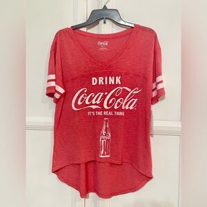 NWT Coca Cola V Neck Stripes Hi Low Burnout T Shirt Top Juniors Women’s XL